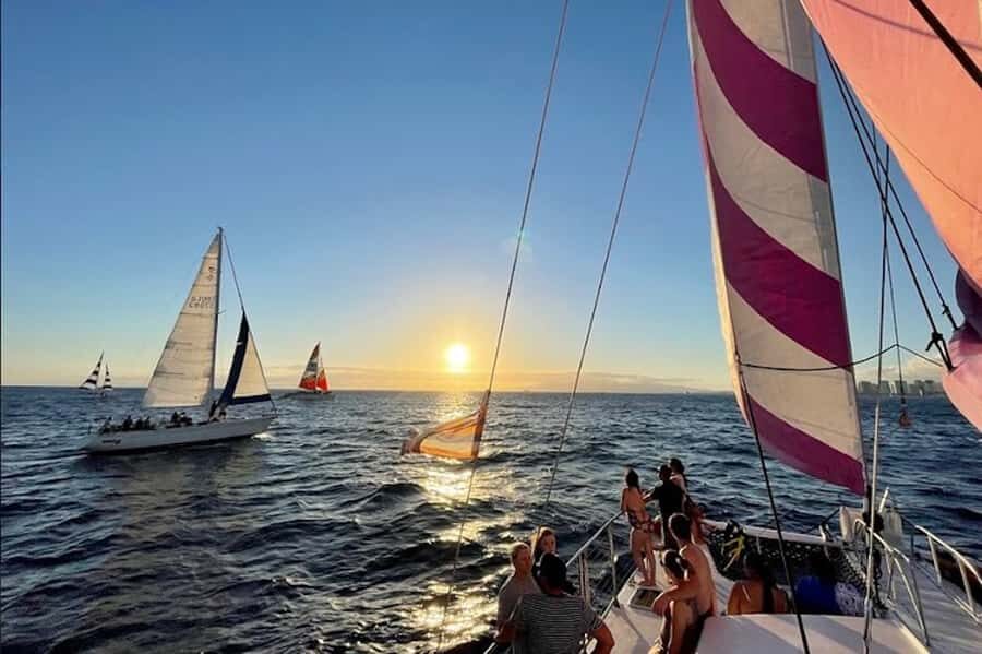 Oahu: Waikiki Sunset Catamaran Sail and Swim - The sail part: Diamond Head and Waikiki lights from a calm vantage point